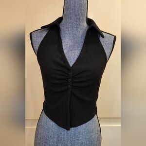 Bershka Black Ribbed Collared Halter Top – Size L